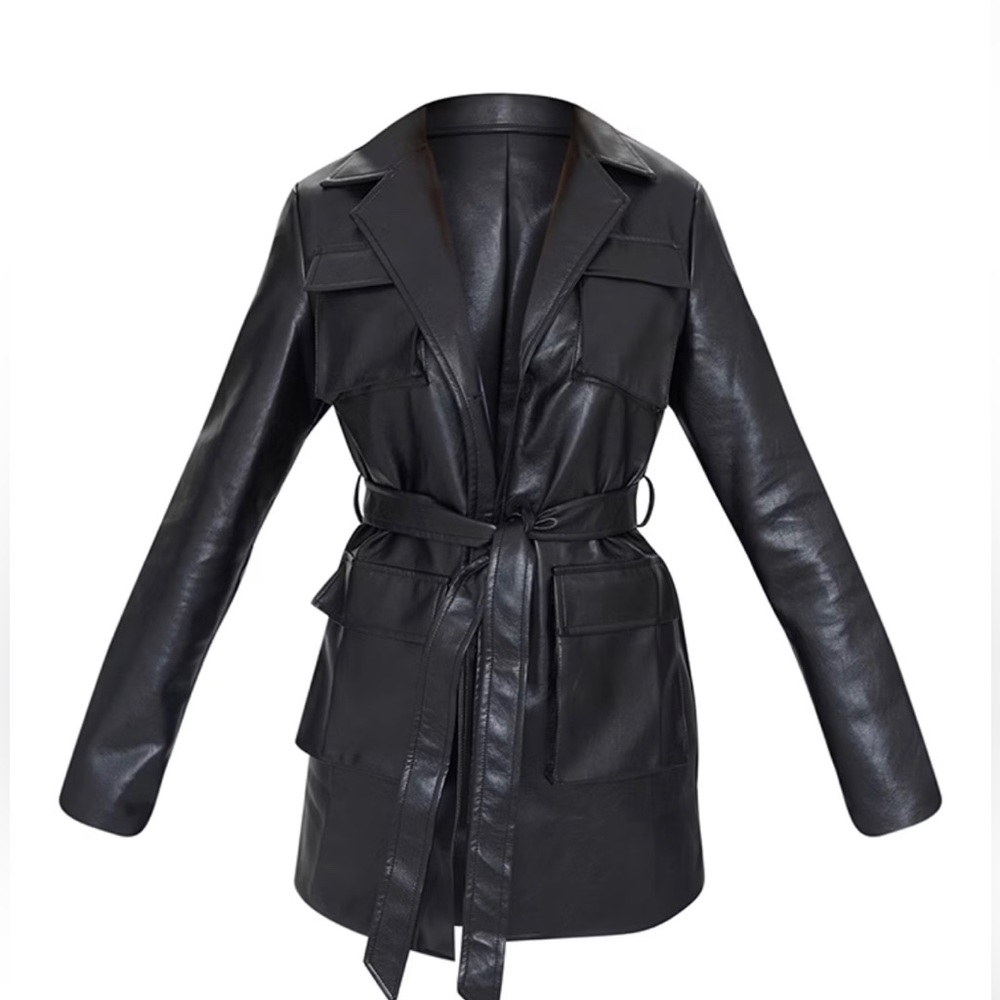 Pretty Little Thing Leather Jacket Longline Pocket Front